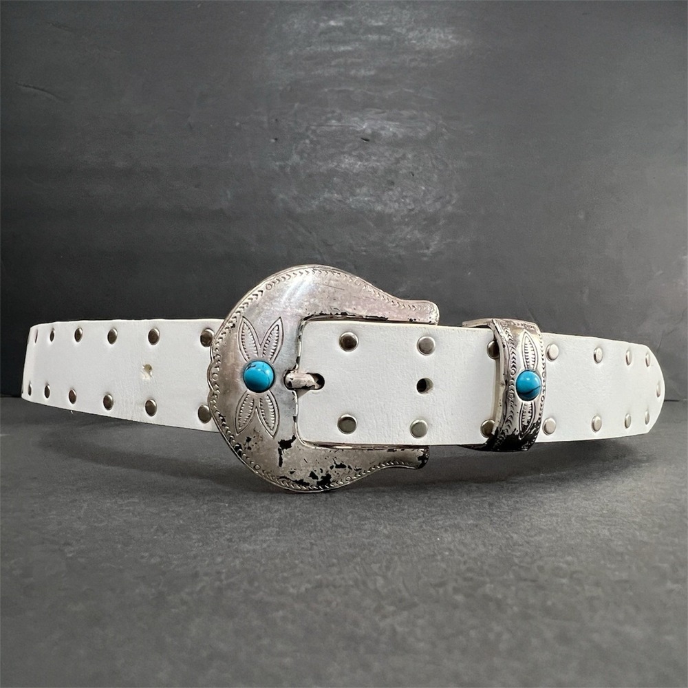 Y2K Western Split Leather Belt M White Studded Faux Turquoise Cabochon Boho‎